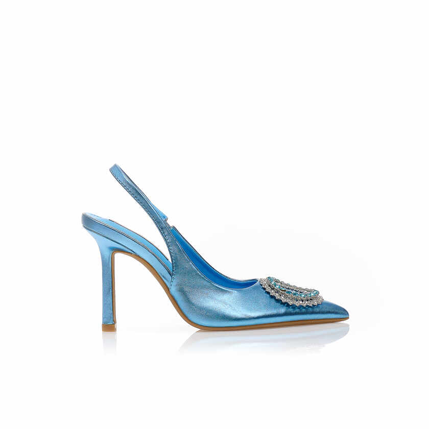 Pantofi cu tocuri Mules Albastru metalizat imitație de piele cu cataramă rotundă cu strasuri cu vârf ascuțit