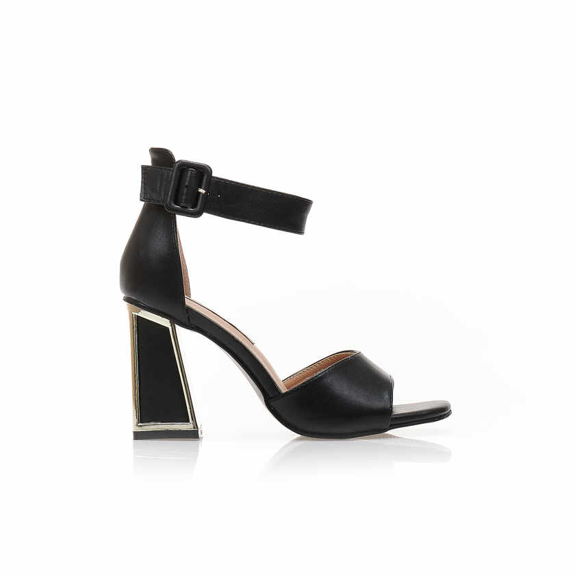Sandale cu toc Negre imitație de piele cu design auriu special la toc și baretă la gleznă
