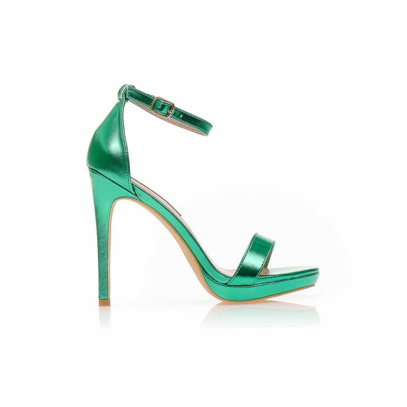 Sandale cu toc verde metalizat imitație de piele cu fiapa