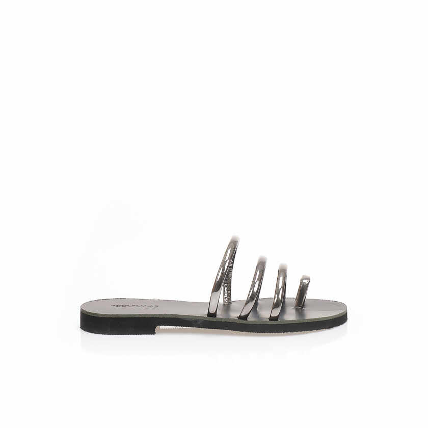 Sandale antracit metalizat lucrate manual din piele regenerată cu barete și design cu inel