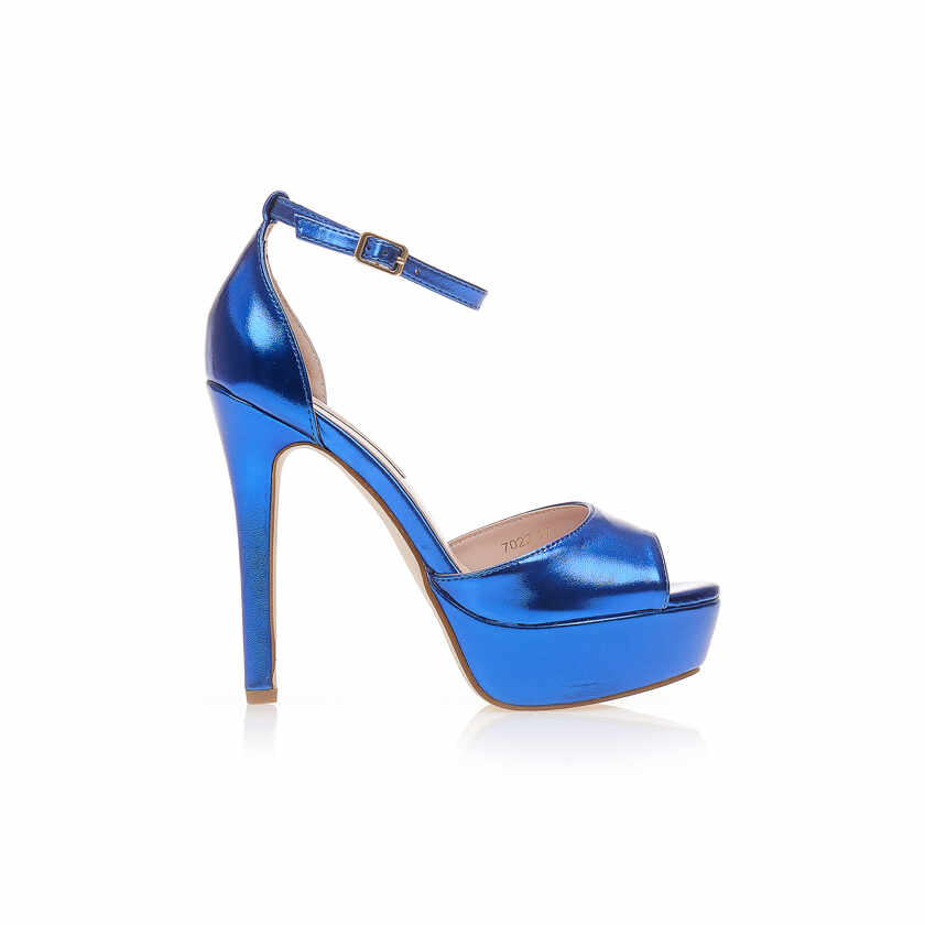 Sandale cu toc Albastru metalizat imitație de piele cu căpută lată și fiapa