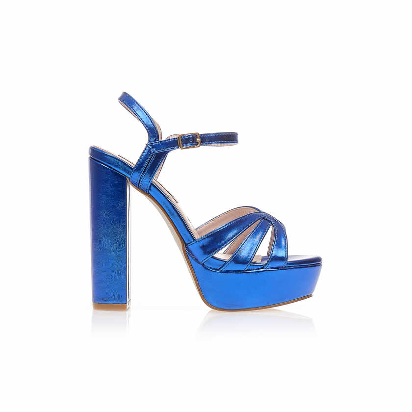 Sandale cu toc Albastru metalizat imtație de piele cu design special pe căpută și fiapa