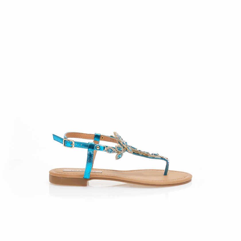 Sandale albastru metalizat din imitație de piele cu design cu strasuri și baretă reglabilă la gleznă