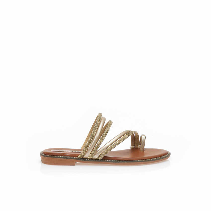 Sandale aurii cu barete multiple din imitație de piele și strasuri și design cu inel