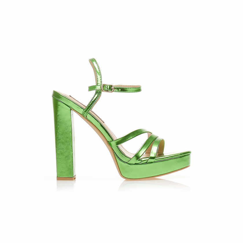 Sandale cu toc Verde metalizat imitație de piele cu căpută cu barete multiple și fiapa