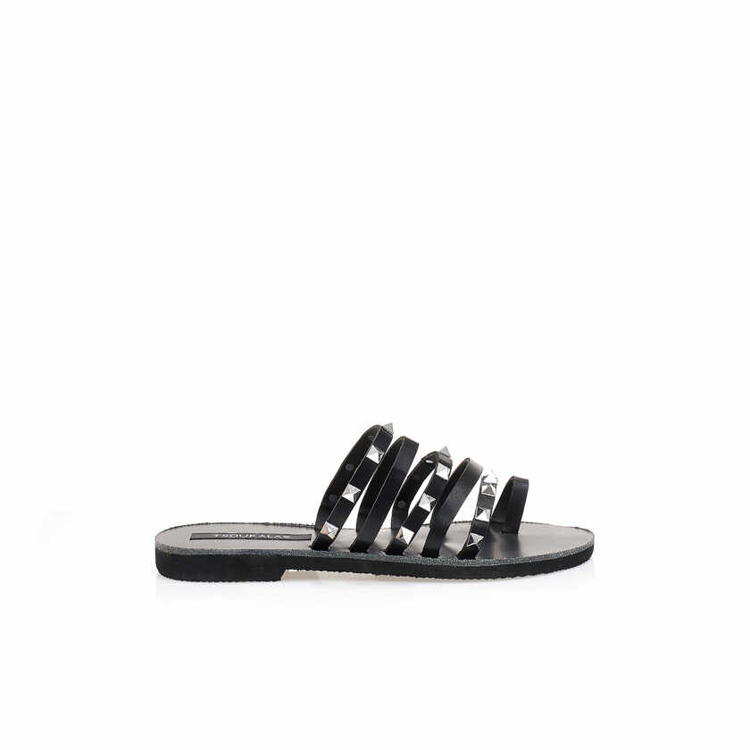 Sandale negre din imitație de piele cu barete multiple și design cu inel cu butoane decorative
