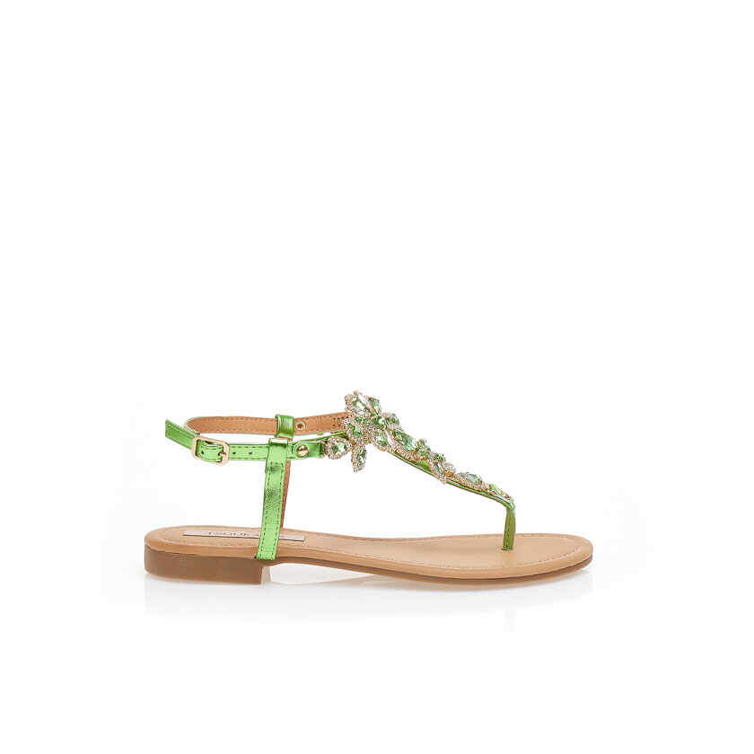 Sandale verde metalizat din imitație de piele cu design cu strasuri și baretă reglabilă la gleznă