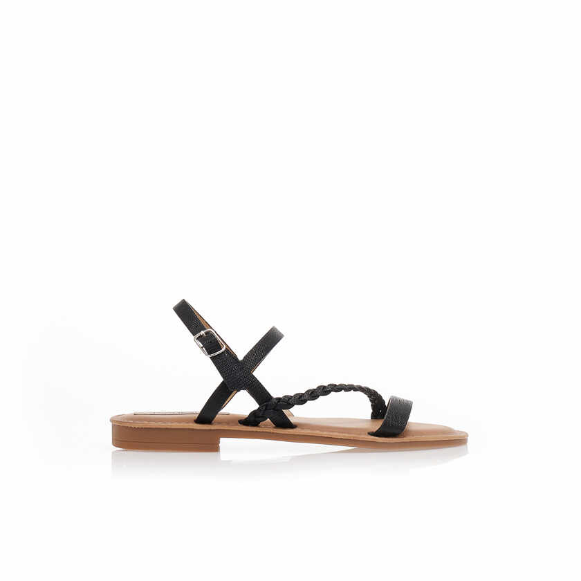 Sandale negre din imitație de piele cu baretă oblică și design cu împletitură