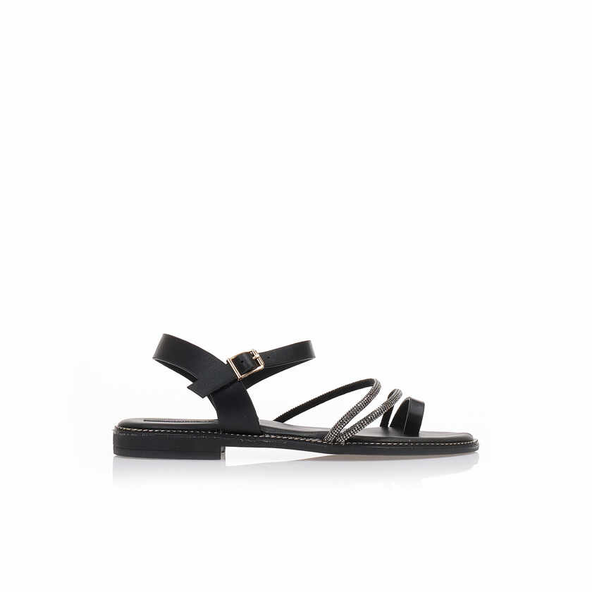 Sandale negre imitație de piele barete cu strasuri și design cu inel