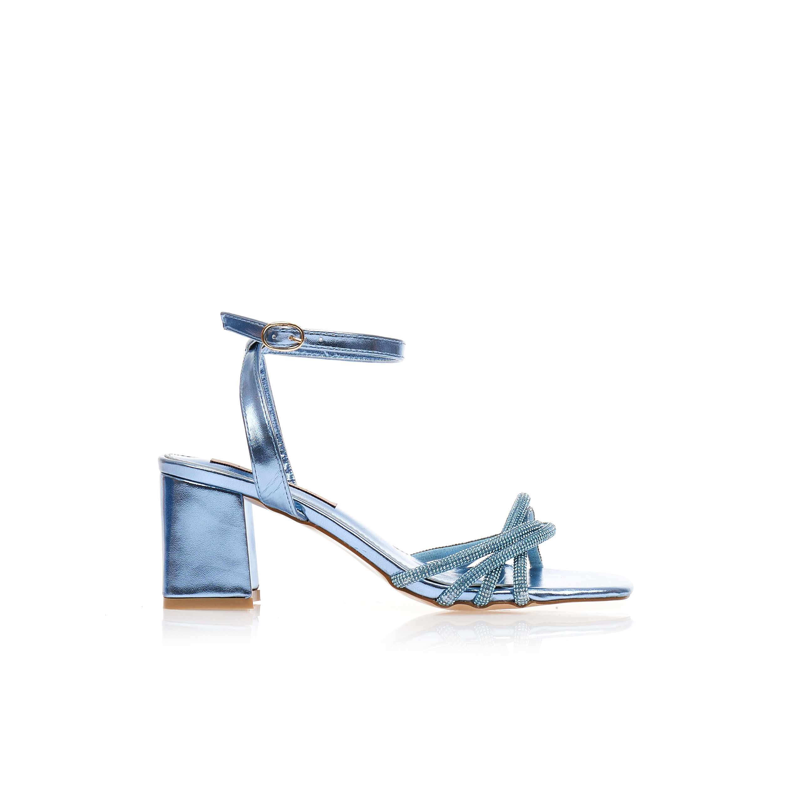 Sandale cu toc Albastru metalizat imitație de piele cu căpută cu strasuri și baretă la gleznă
