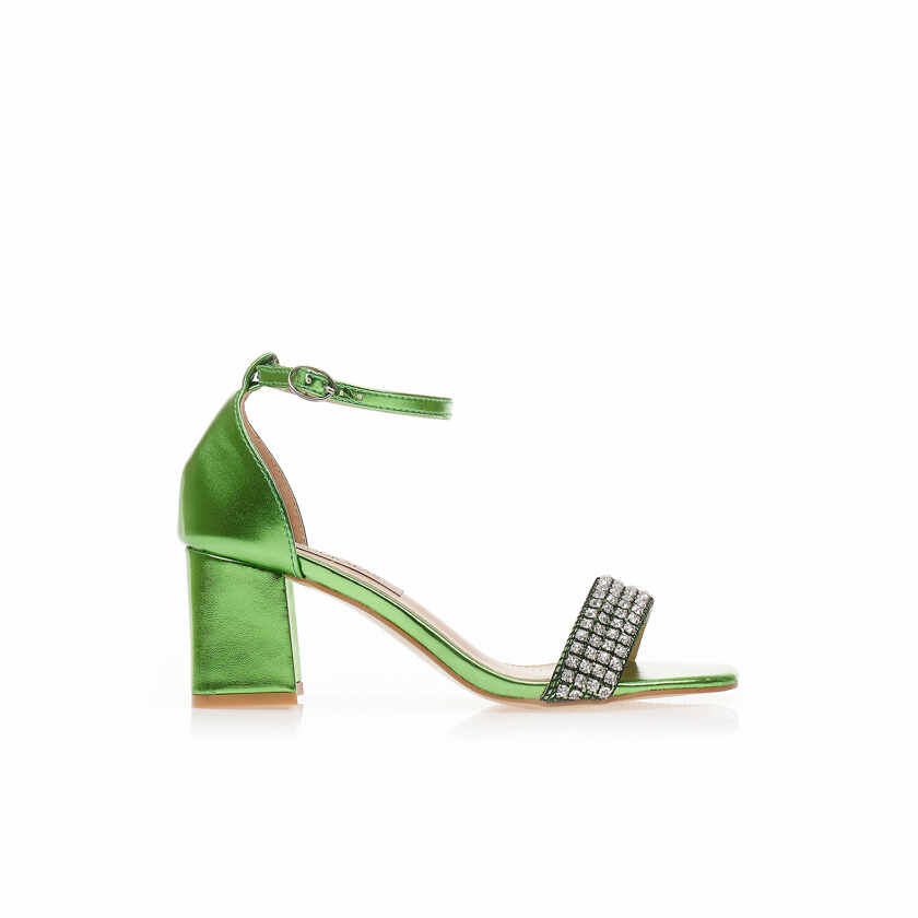 Sandale cu toc Verde metalizat imitație de piele cu căpută cu strasuri