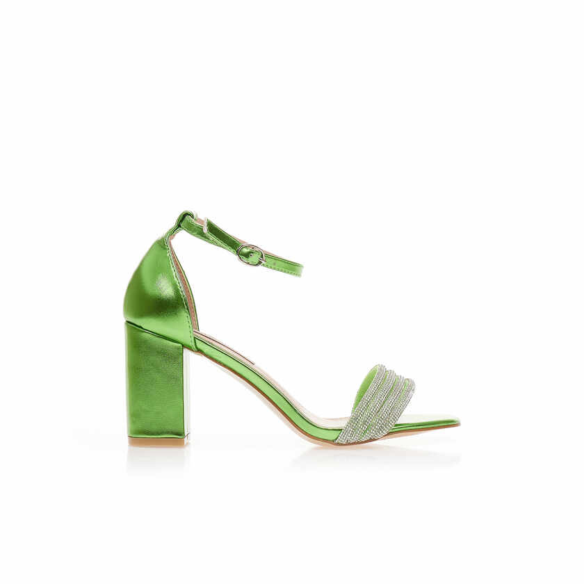 Sandale cu toc Verde metalizat imitație de piele cu căpută cu strasuri și baretă la gleznă