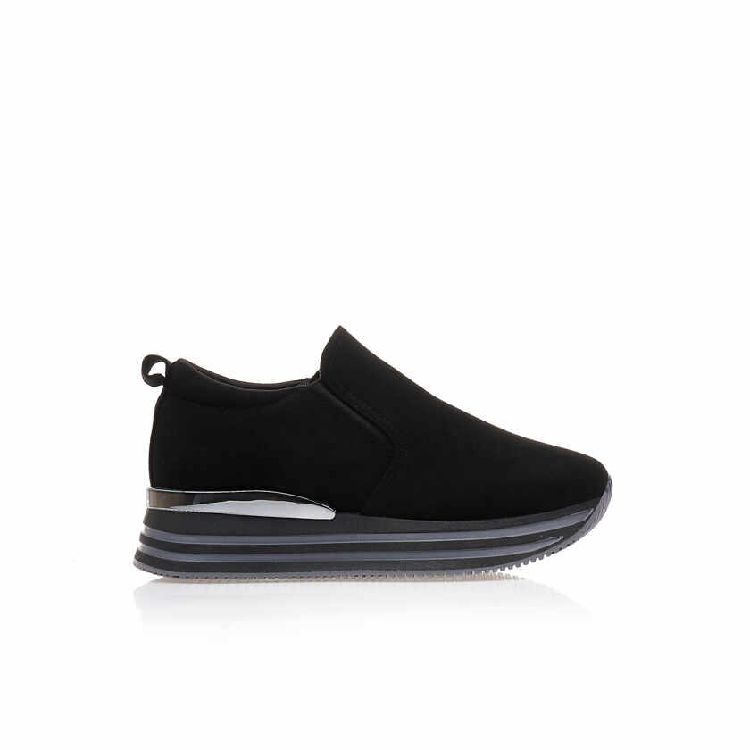 Pantofi sport Negri imitație piele întoarsă cu bandă elastică și detaliu metalic
