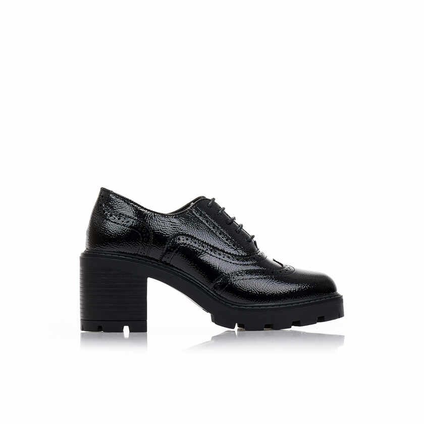 Pantofi cu tocuri loafers Negru lustrin cu design perforat și șireturi
