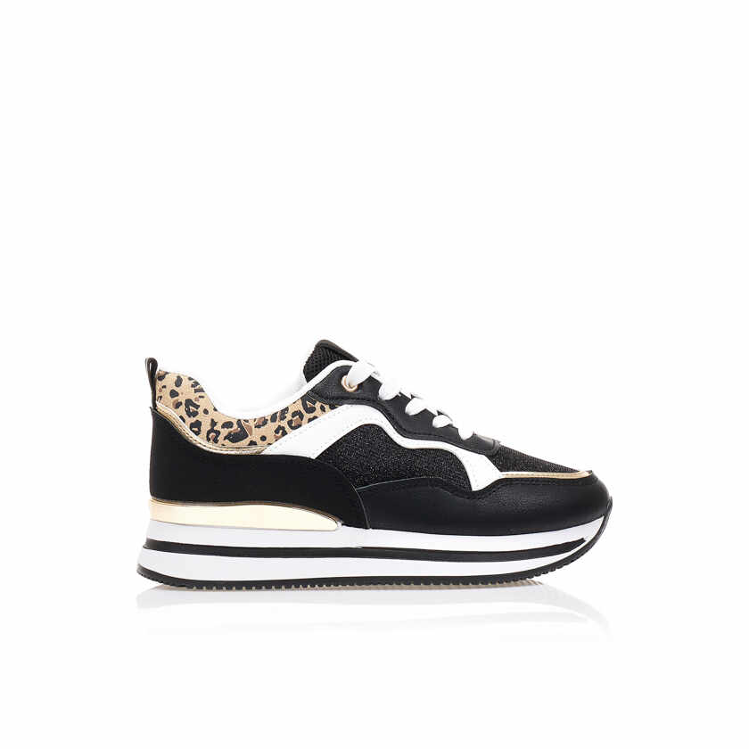 Pantofi sport Negru imitație de piele și lurex cu detalii aurii și animal print