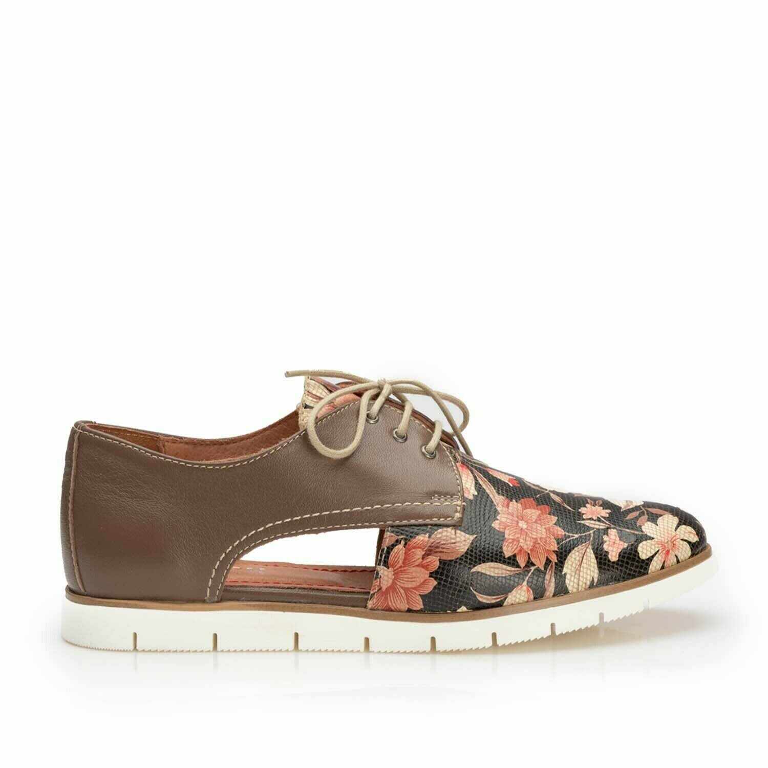 Pantofi casual dama, perforati din piele naturala,Leofex - 022 taupe floral