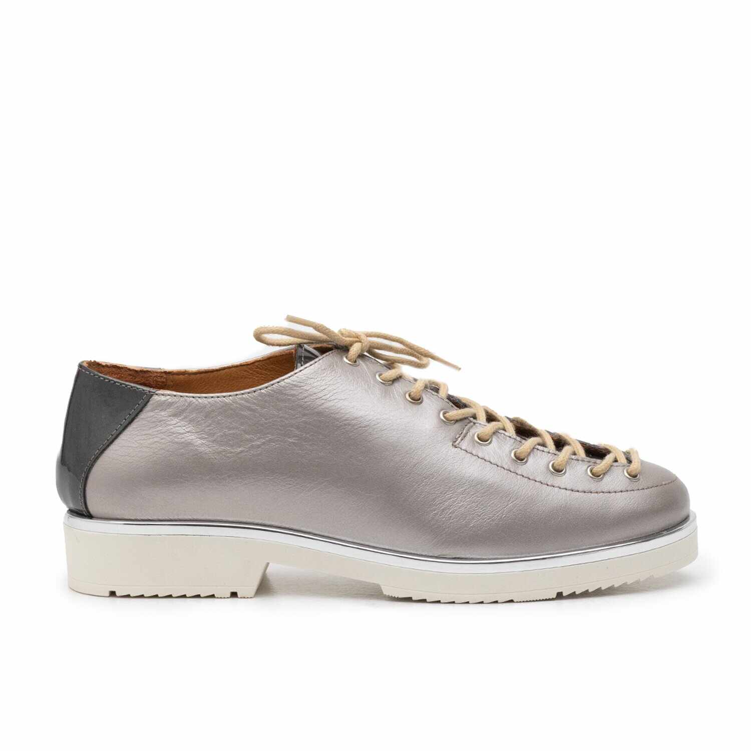 Pantofi casual dama cu siret pana in varf din piele naturala, Leofex- 194 -1 argintiu sidef box