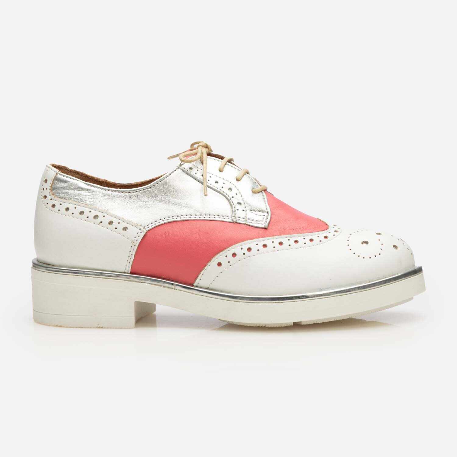 Pantofi casual dama din piele naturala,Leofex - 012-2 Alb Argintiu Roze Box