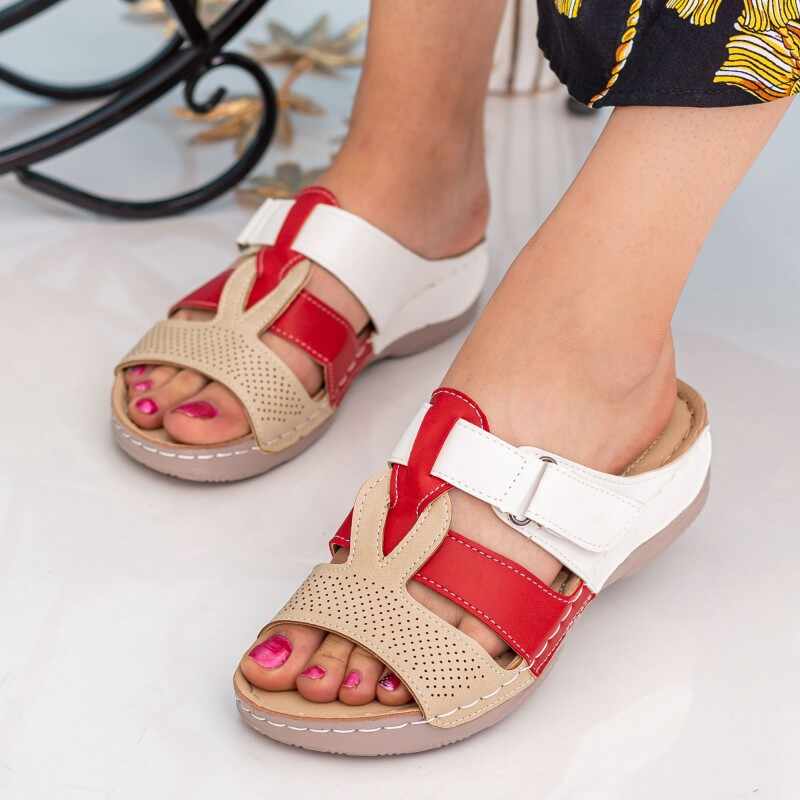 Papuci Dama A133 Beige-Red-White | Fashion