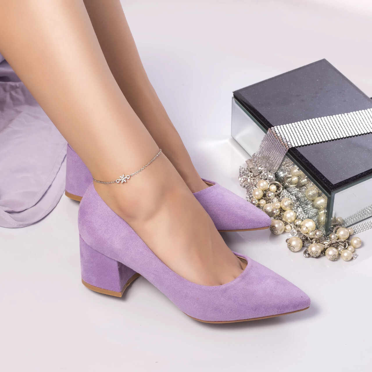 Pantof damai cu toc saima catifea violet