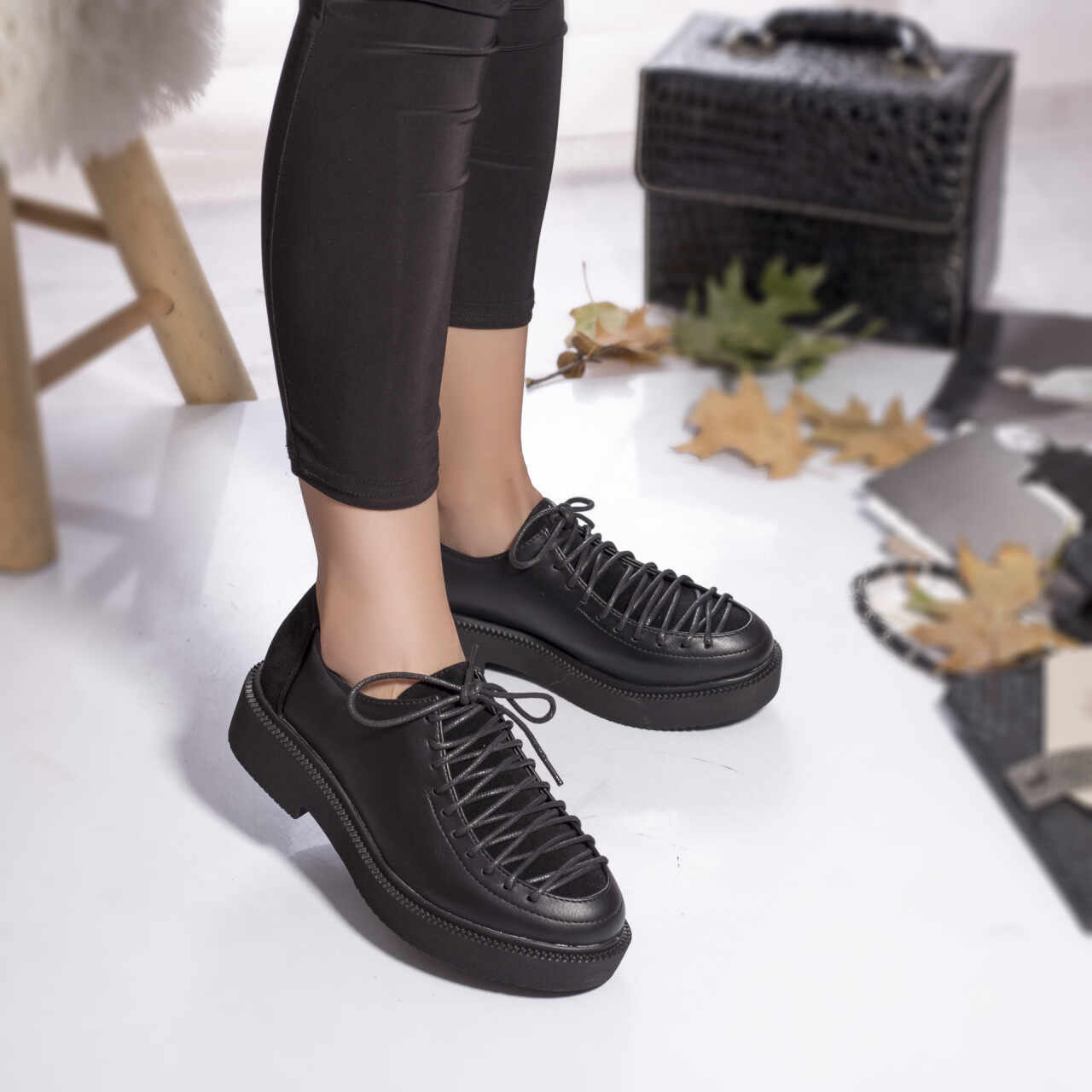 Pantofi dama casual piele ecologica intoarsa brooklyn negru