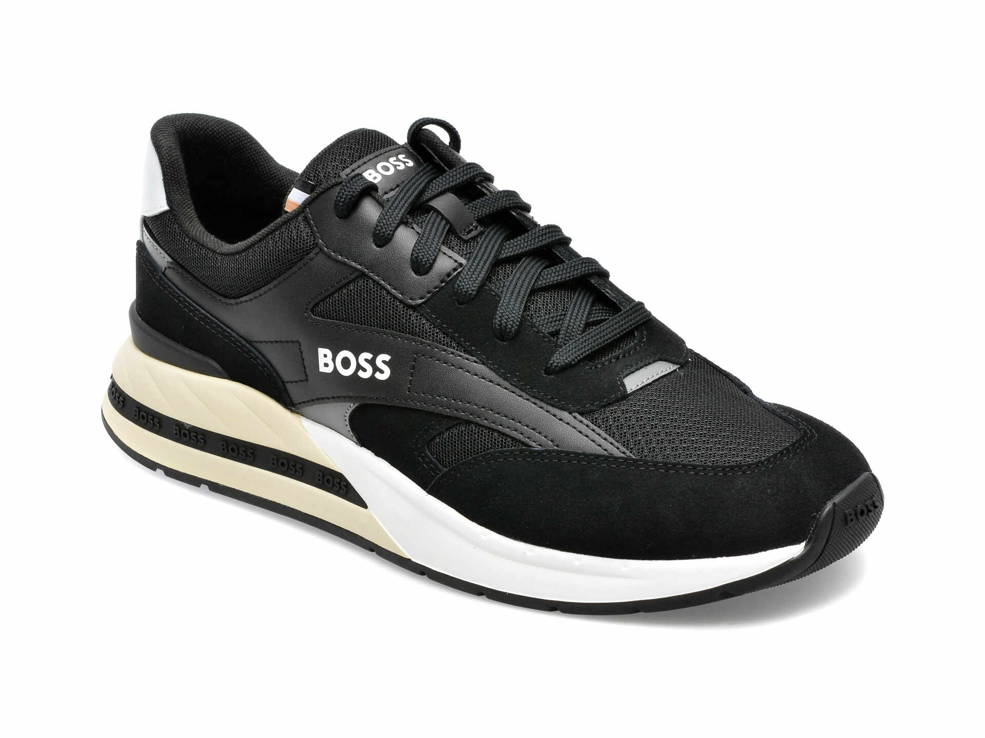 Pantofi BOSS negri, 3214, din material textil si piele ecologica