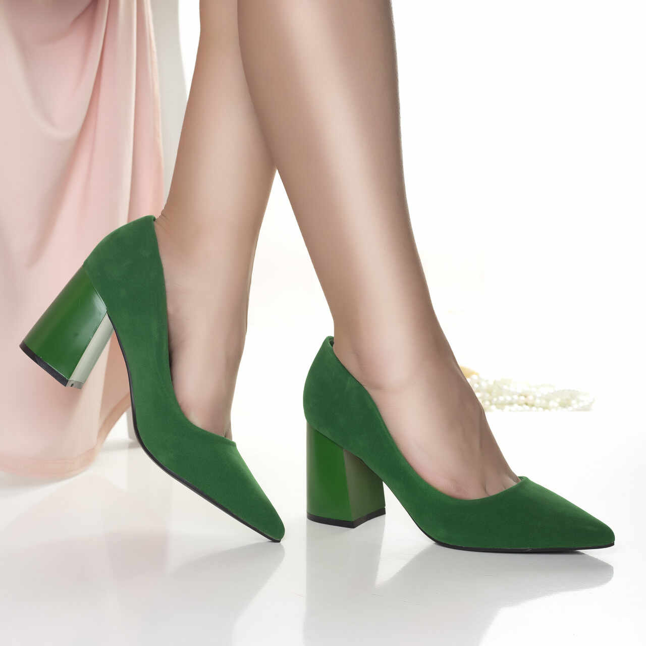 Pantofi dama cu toc verzi din piele eco intoarsa furga