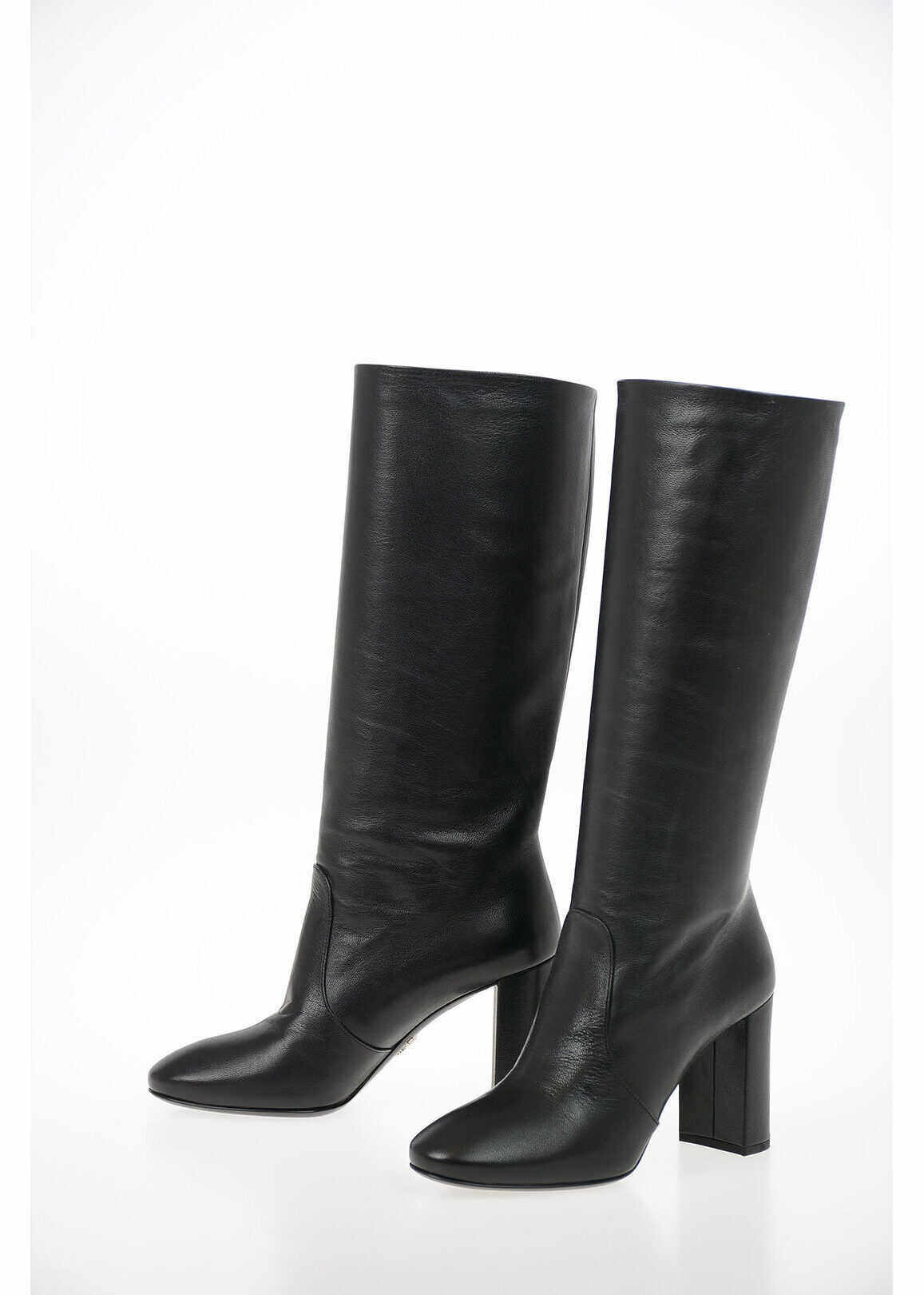 Prada Leather Pull On Boots With Squared Heel 8 Cm Black