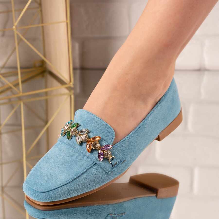 Pantofi casual din piele ecologica intoarsa cu accesorii de cristal colorate Albastri Zonta Marimea 37