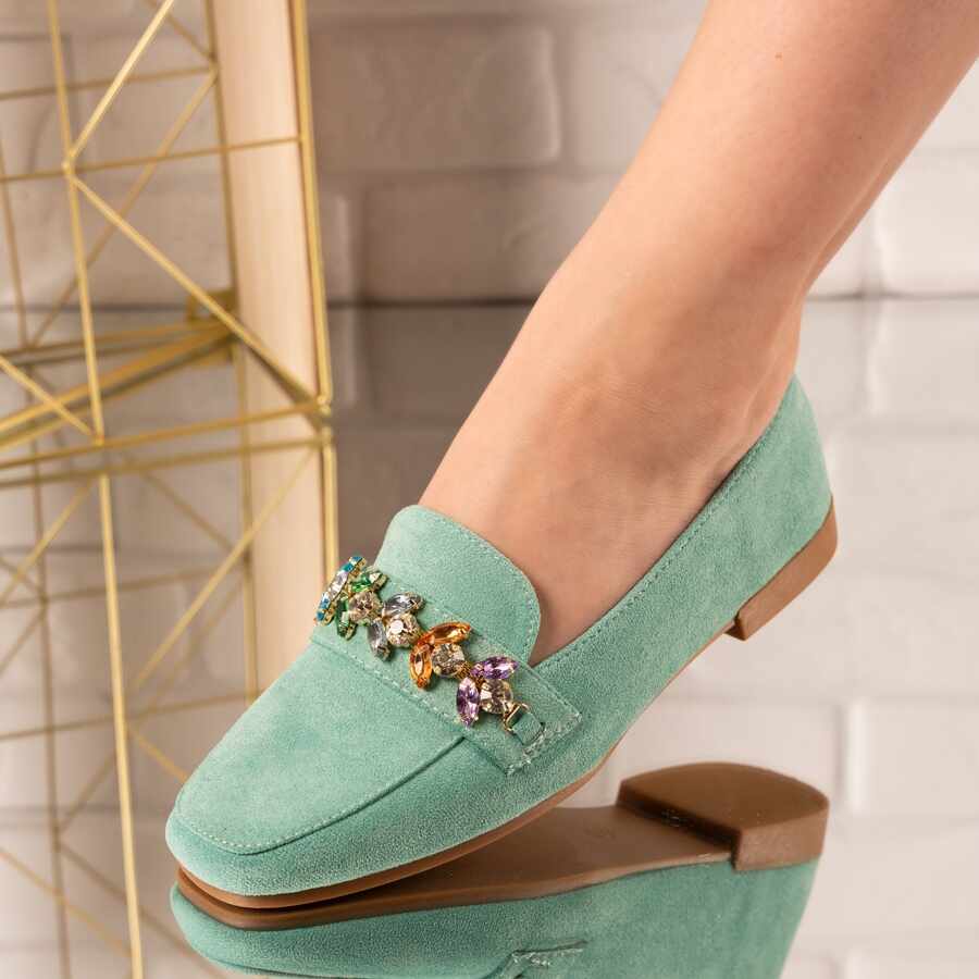Pantofi casual din piele ecologica intoarsa cu accesorii de cristal colorate Verzi Zonta Marimea 37