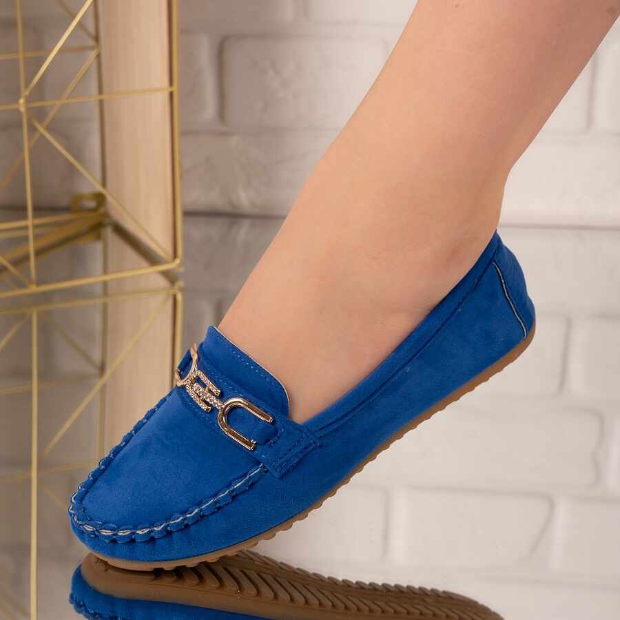 Pantofi dama casual din piele ecologica intoarsa cu accesoriu Albastri Carolina Marimea 37
