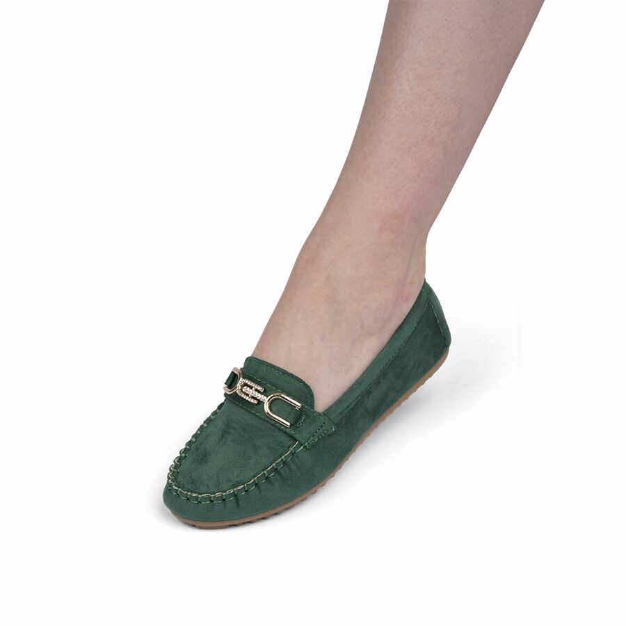 Pantofi dama casual din piele ecologica intoarsa cu accesoriu Verzi Carolina Marimea 36