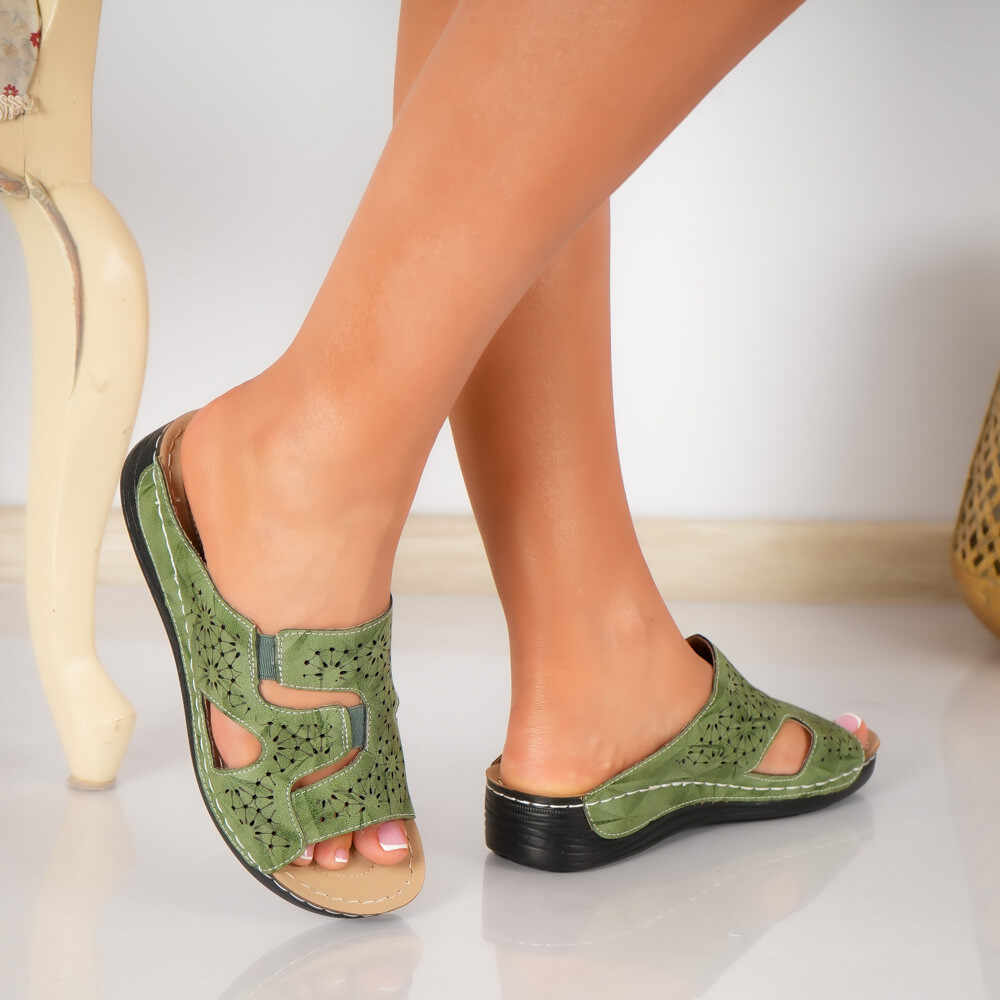 Papuci dama fara toc verzi din piele ecologica Ozana