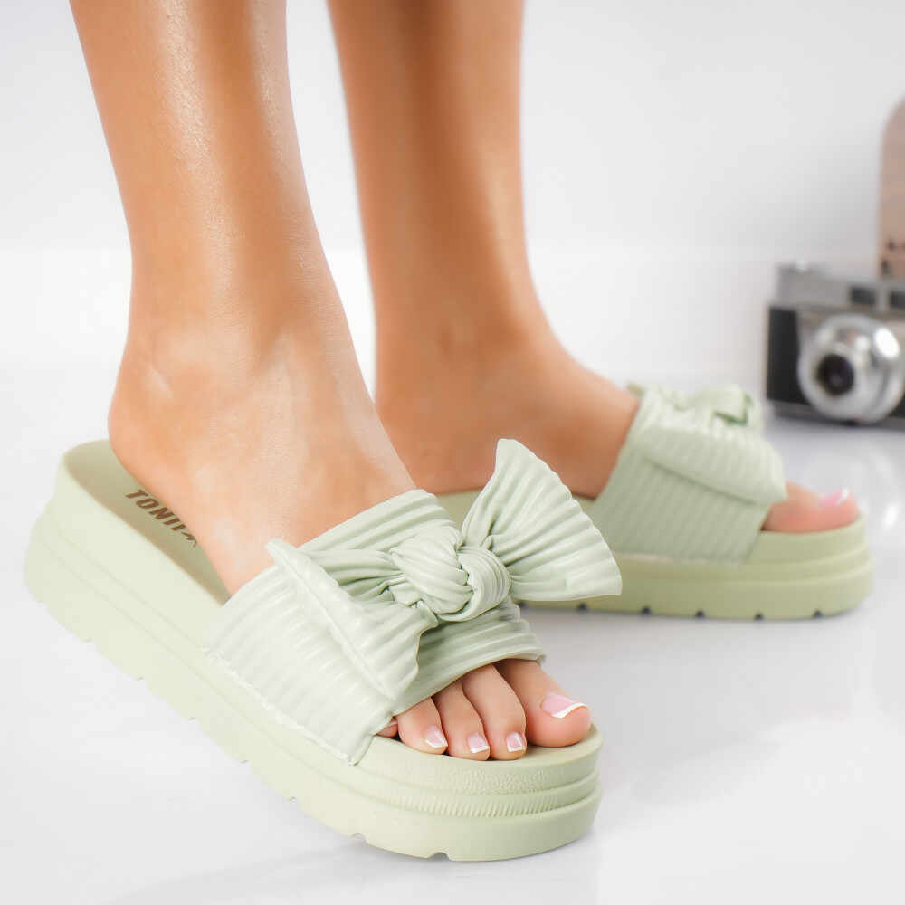 Papuci dama cu platforma verzi din piele ecologica Tana